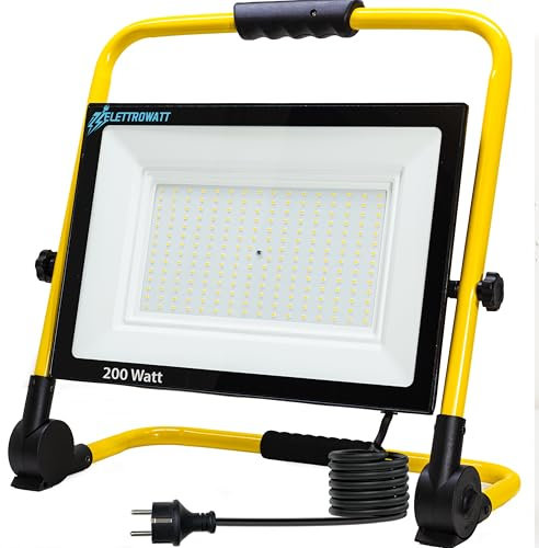 ELETTROWATT - Faro LED da lavoro 200W, 16000 lm, luce bianca 4000K - impermeabile IP67 supporto pieghevole, per ogni uso, officina, giardino, cantiere, garage, imbianchino