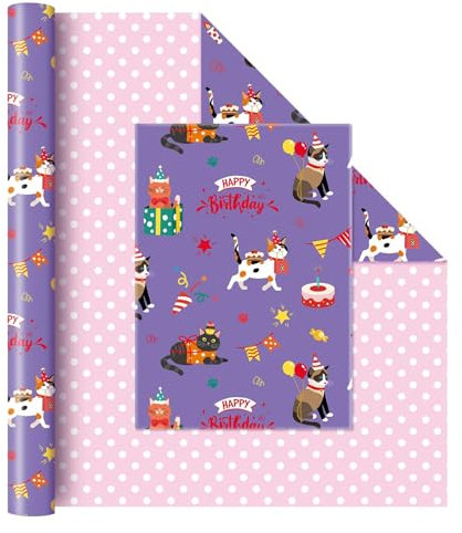 WERNNSAI Katzen Geschenkpapier – 1 Rolle 43cm x 20m Katze Geburtstag Geschenkpapier Mädchen Kinder rosa lila wendbares Katzen Geschenkpapierrollen Geburtstagsparty Dekoration