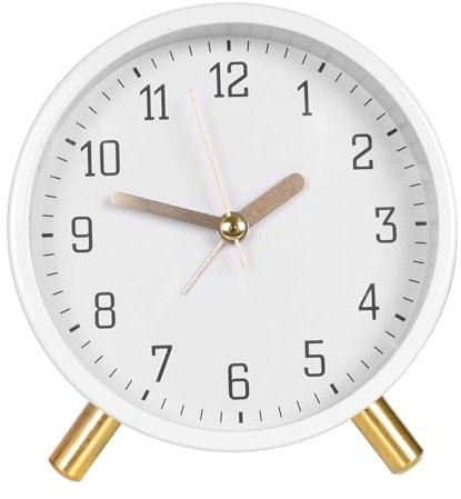 Wecker Analog Ohne Ticken, Licht-Reisewecker, Lauter Alarm, Modischer Runder Metall-Wecker, Super Silent Non-Ticking mit Nachtlicht, Batterien erforderlich, leise Reisewecker (Weiß)