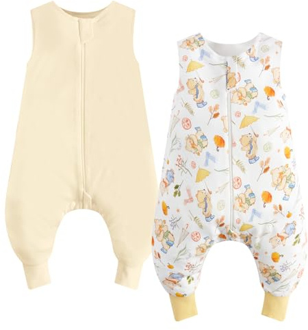 WYTbaby Sacco nanna con piedi 1,0 Tog 2 pezzi 100% cotone senza maniche per tutto l'anno colore giallo + orso 80 cm