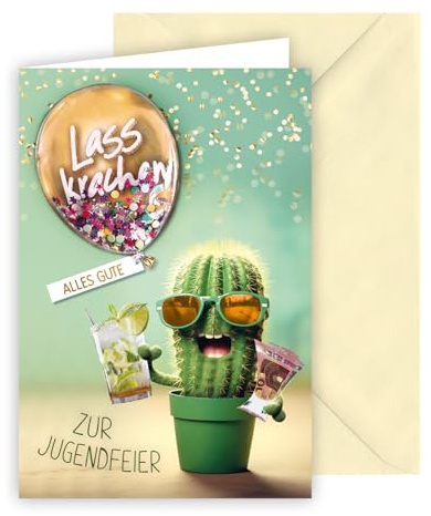 KE - Jugendweihe Karte, Glückwunschkarte, mit Umschlag, vanille, Motiv: Kaktus, Cocktail, Geld, Ballon, Format: B6