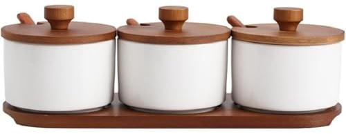 MAGICVOGEL 3er Set Gewürzbehälter Zuckerdose mit Deckel,Löffel und Serviertablett Porzellan Gewürzdosen Gewürzstreuer Set für Küche Esstisch Café Restaurant Buffet Party (Weiß)