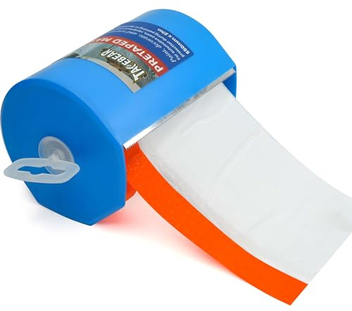 TAPEBEAR Pre-Taped Masking Film with Dispenser, 550mm x 27m Plastic Sheeting Cover for Painting, Tape and Drape, Painters Masking Tape Film Plastic Drop Cloths for Auto, Appliance and Furniture