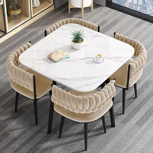 80.0 cm Quadratischer Esstisch Set Empfangstisch und Stuhl Kombination Holz Bar Frühstückstisch Set für 4 Personen mit Stühlen Küchentisch und 4 Stühlen Moderner Konferenztisch