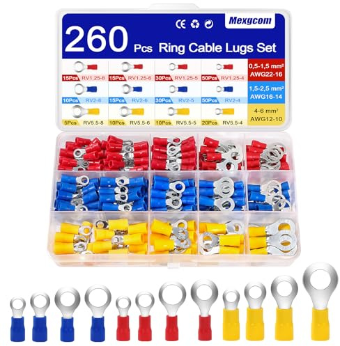 Mexgcom 260 Pcs Kabelschuhe, 0,5-6mm² Ringkabelschuhe Set, Ø M4/M5/M6/M8, Kabelschuhe Crimpverbinder Quetschverbinder Sortiment, Elektrische Steckverbinder (RV-260PCS)