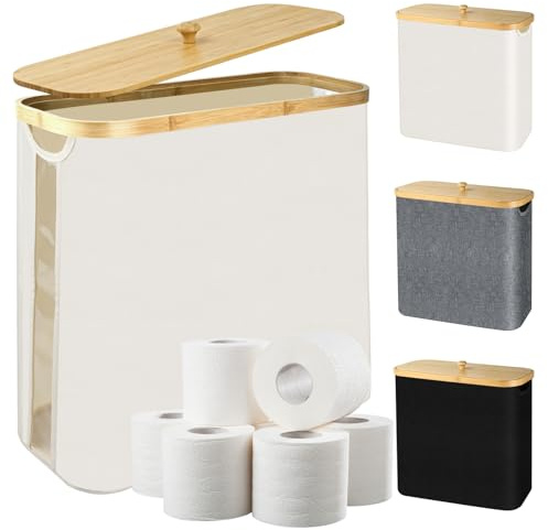 28L Toilettenpapier Aufbewahrung Korb mit Deckel aus Bambus und Griff, Bambus Toilet Paper Organizer Badezimmer Organizer, Klopapier Aufbewahrung für 9-12 Rollen Klopapier, 44 x 18 x 40 cm (Beige)