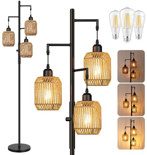 ROTTOGOON Dimmbare 3 flammige Rattan Standleuchte 172cm Boho Landhaus Stil industrielle BaumStandleuchte mit 3x6W LED für Wohnzimmer Schlafzimmer Büro Rustikale Stehlampe Schwarz