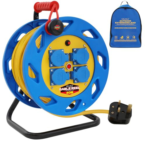 40m Outdoor Extension Lead,4 Socket Heavy Duty Extension Reel,Thermal Cut-Out,13A Fused UK Plug,Ideal for Garden,Lawn Mower,Office Use