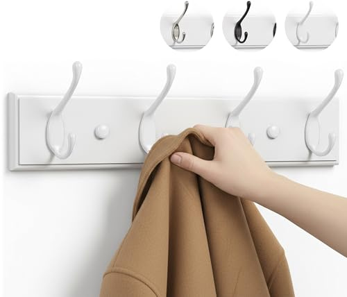 LARHN White Coat Hooks Wall Mounted Coat Rack - 4 White Wall Hooks - 42 cm - All Fixings Included for Quick & Easy Installation