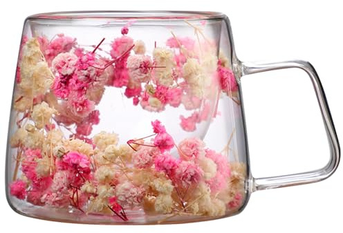 Dubbelväggigt glas kaffemugg 200 ml torkad blomma isolerad mugg med handtag genomskinliga värmebeständiga muggar för vatten, kaffe, mjölk, dryck, stil 2