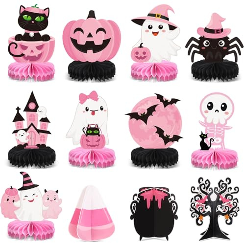 Kathfly 12 Pcs Halloween Honeycomb Centerpieces Pink and Black Halloween Table Centerpieces Ghost Pumpkin Black Cat Spider Table Decorations for Spooky Theme Baby Shower Birthday Party Supplies