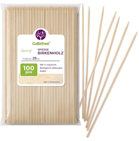 100 Premium Schaschlikspieße Holz 25 cm x 2,5 mm | Extra Robuste Grillspieße aus Birkenholz für Fleisch, Obst & BBQ | Vielseitige Holzspieße zum Grillen & Basteln