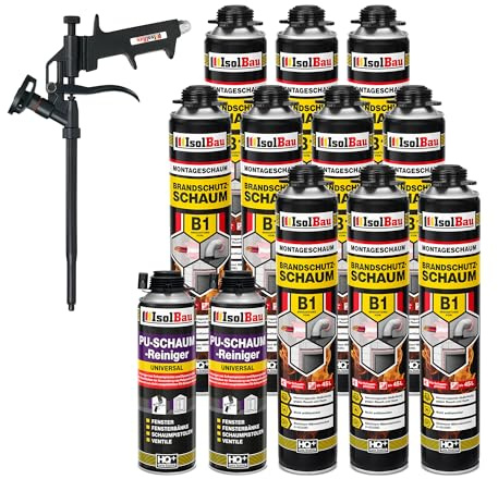 Isolbau Mousse de construction B1 - Mousse de montage - Mousse polyuréthane 10 x 750 ml - Mousse pistolet, 2 nettoyants en mousse polyuréthane et 1 pistolet à mousse - Mousse de protection incendie 1K
