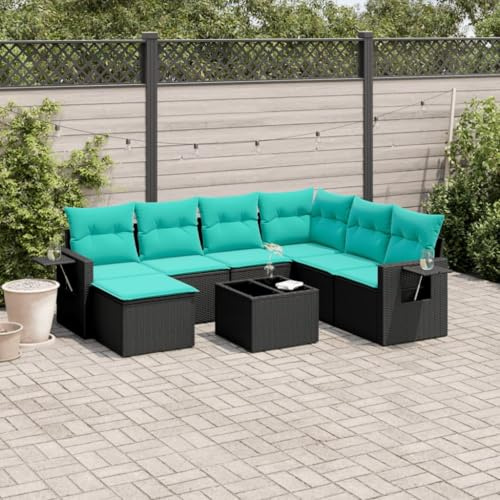 Ziaphsol 8-teiliges Gartensofa-Set, schwarzes Polyrattan, UV-beständig, mit dick gepolsterten blauen Kissen, Glastisch, Eckbank, für Terrasse, Balkon