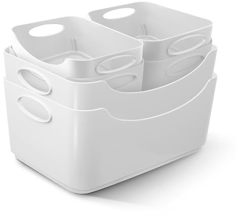 KEPLIN 6 Pack Plastic Storage Baskets with Handles, BPA-Free Dishwasher Safe Organiser Boxes for Kitchen, Bathroom, Pantry, Shelves & Drawers, Lightweight Space-Saving Containers, 33.3 x 23.4 x 14 cm