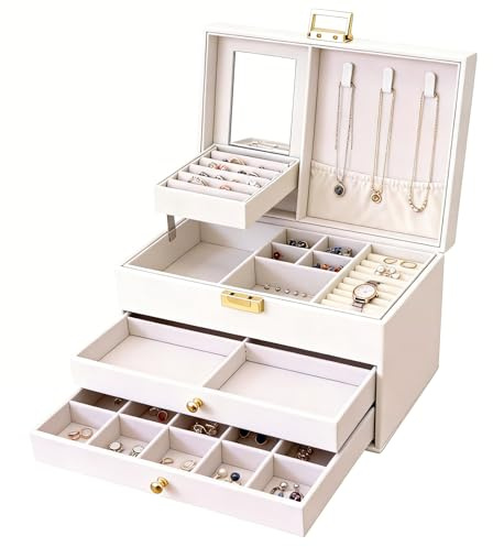 Schmuckkästchen 3 Ebenen mit Spiegel PU Leder Schmuckaufbewahrung Beige | Großer Schmuckkasten für verschiedene Schmuckstücke, geeignet für Schminktisch und Damen, übersichtliche Aufbewahrung