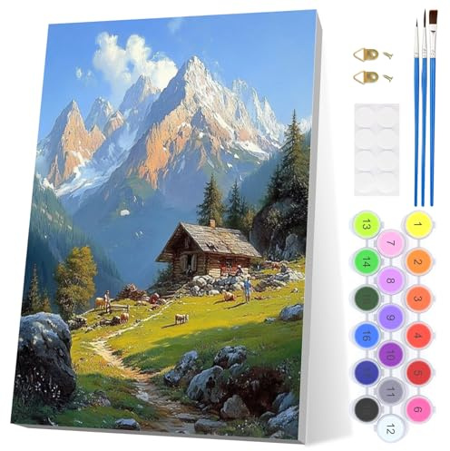 EOBROMD Montañas Nevadas Pintar por Numeros Adultos, Paisaje Pintura por Numeros con Marco, Kit de Pintura al óleo de Lienzo DIY para con Pinceles, Pigmento Acrílico, Decoración para el Hogar 20x30cm