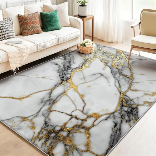 Alfombra Lavable con Estampado Abstracto Mármol Líneas Metálicas Gris, Gris Grande Rectangular Alfombra Antideslizante Suave de Pelo Corto para salón Dormitorio o Pasillo, 100 x 150 cm