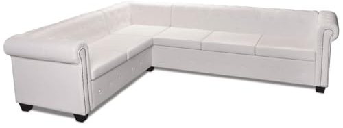 MOBCANT Raffinesse Ecksofa & Sofa Sets Weiß Kunstleder-Bezug und Holz-Rahmen polstergarnitur mit Knopfheftung und Nietenverzierung schlafsofa für Wohnzimmer, Büro, Apartment (260 x 205 x 73 cm)