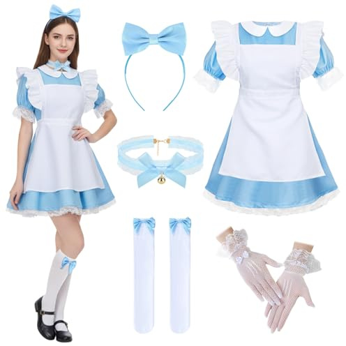 COYBTO Disfraz Alicia Mujer, Disfraz Adulto Mujer, Disfraces Carnaval con Diadema, Guantes y Medias Largas, Vestido Princesa Azul para Halloween, Carnaval, Día del Libro, Cosplay