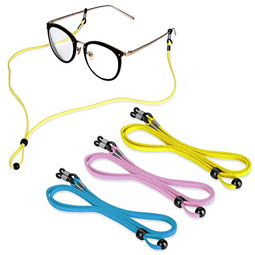 Sports PU Leather Glasses Strap, Zingso 3 Pcs Multi-Color Classic PU leather Adjustable Eyewear Sunglasses Head Band Eyeglass Chain Lanyard Glasses Strap for Decoration and Sports (Pink+ Blue +Yellow)