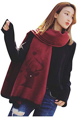 UK_Stone Schal Damen Weihnachten Hirsch Muster Halstuch Fashion Winterschal Warmer Damenschal, Weinrot
