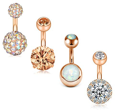 FECTAS 4er Chirurgenstahl Bauchnabelpiercing Barbell Set 14 Gauge 6mm Kurzer Bar Zirkonia Piercing Bauchnabel Schmuck