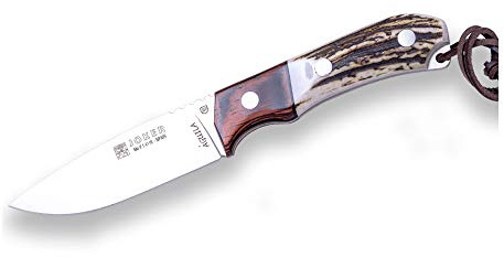 Joker Full Tang Jagdmesser mit Full Tang Klinge Águila CC105, MOVA Stahlklinge 10,5 cm, Hirschhorngriff mit Ausdauerzwinge, mit Lederscheide, Werkzeug zum Angeln, Jagen, Camping und Wandern