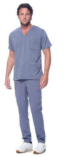 Dagacci Medical Uniform Unisex Women and Men’s V-Neck Super Stretch Scrub Set, Pewter, 2XL