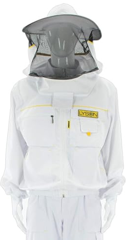 LYSON Imkerbluse mit abnehmbarem Hut/Imkerjacke mit Handstulpen mit Daumenloch Unisex Imkerbluse belüftet Professionelle Imkerbekleidung, Imkerjacke mit Reißverschluss PREMIUM (S, Weiß)