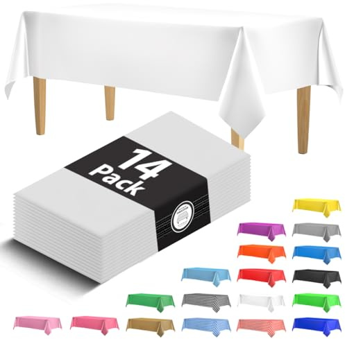 HSGUS Confezione da 14 tovaglie in plastica bianca di alta qualità, 137,2 x 274,3 cm, usa e getta, rettangolari, tovaglia liscia, tovaglia usa e getta per feste, matrimoni