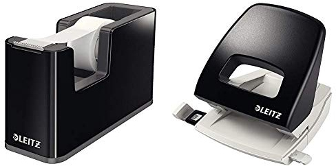 Leitz, Klebeband-Tischabroller, Fester Stand, Inkl. Beschriftbarem Klebeband, Schwarz/Anthrazit, WOW, 53640095 & Locher, 25 Blatt, Anschlagschiene mit Formatvorgaben, Metall, NeXXt, Schwarz, 50050095