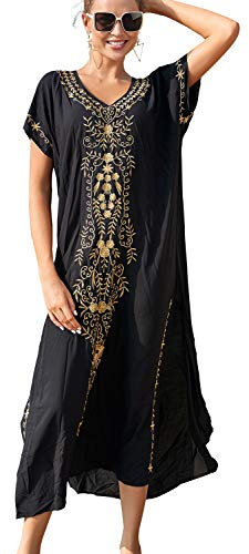 YouKD sommar bomull broderad blommig lös kaftan boho strand bikini övertäckningsklänning storstorlek morgonrock för kvinnor, Svart 2, en storlek