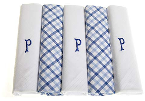 Surf the Shop Pack of 5 Mens Initial Embroidered White Handkerchiefs with Satin Border and Blue Check Handkies, Various Letters
