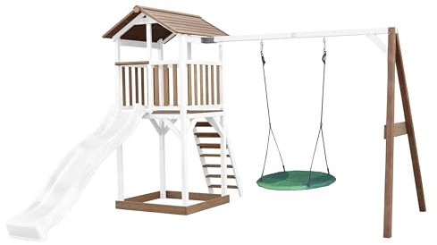 AXI Beach Tower Aire de Jeux avec Toboggan en Blanc, Balançoire Nid d'oiseau Vert & Bac à Sable | Grande Maison Enfant extérieur en Marron & Blanc | Cabane de Jeu en Bois FSC