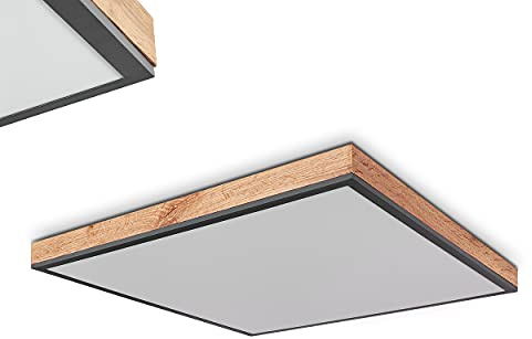 HOFSTEIN LED Panel Salmi, modernes Deckenpanel aus Metall/MDF in Schwarz/Weiß/Holzoptik, 36 Watt, 1-flammig, 3200 Lumen, 3000 Kelvin, eckige Deckenlampe in flachem Design, Wohnzimmer, Schlafzimmer