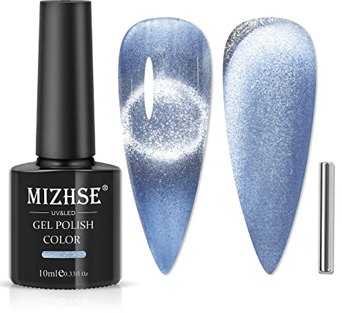 MIZHSE UV Nagellack Blau, Glitzer Cat Eye UV Gel Nagellack mit 1 Magnet Cateye Gel Nail Polish Set Katzenaugen Effecte Diamond Holografischer Gellack U V 10ml