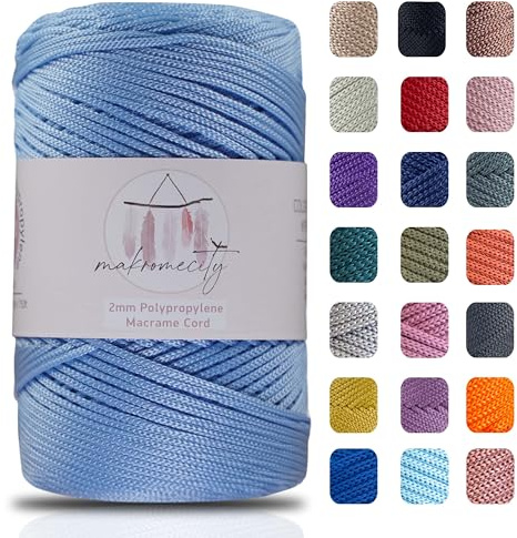 Makromecity, Polyester Macrame Cord 2mm x 250 yards (750 feet) 2mm Polypropylene Baby Blue Macrame Cord Crochet Macrame Bag Cord Crafts for Wall Hangings, Bags, Underplate, Rug