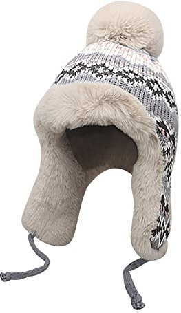 YJZQ Mütze Damen Strickmütze mit Kunstpelz Bommel Wintermütze Warm Winddichte Verdickte Skimütze Doppellagig Gefütterte Beanie Mütze Kunstpelz