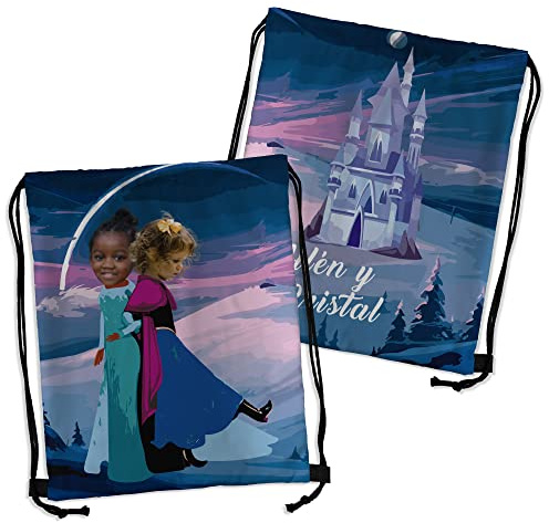 LolaPix Personalisierter Rucksack mit Namen und Foto. Mit Kordelzug. String Bag. Schulrucksack. Schwimmrucksack. Kindertasche. Beutel. Gym Bag. Originelle Geschenke. Elsa und Ana