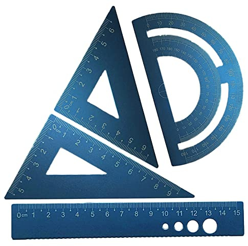 Joyangy 4 Pack Blue Metal Math Geometry Tools Aluminum Alloy Straightedge Triangle Ruler Protractor, Steel Graphic Design Tools Drafting Tool for Student Teacher Metric Drawing and Drafting