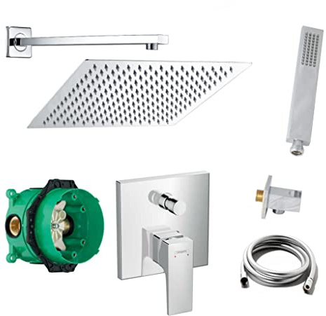 vanvilla Duschsystem Unterputz mit Duscharmatur Hansgrohe poliert HG21. V2 | Duscharmatur von Hansgrohe Metropol Einhebelmischer und vanvilla Regendusche Duschkopf eckig, Dusch-SET poliert