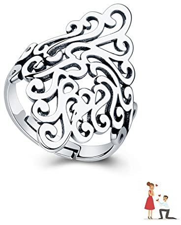 Manqyi Damen Ring Breit, Verstellbar Damenringe, Damen Silberring Vintage, Damen Breit Silber Hohl Blätter Ring, Einstellbar Öffnen Stil Ring mit Geschenkebox für Weihnachten Valentinstag Verlorbung