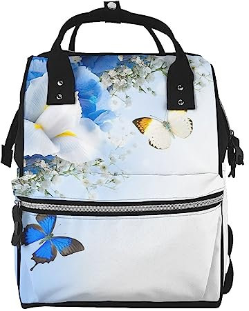 Bedruckter Wickelrucksack mit Blumen und Schmetterlingen, stilvoller Multifunktions-Reiserucksack, große Kapazität, Mumien-Rucksack, Windeltasche, Schwarz , One size