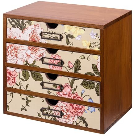 Woodaholic 4-Drawer Vintage Desk Organizer with Jacobean Pattern Pastel Flowers Curio Drawer Dresser, Closet, Tabletop - 4-Tier Wood Desktop Organizing Cabinet - Victorian Floral Design