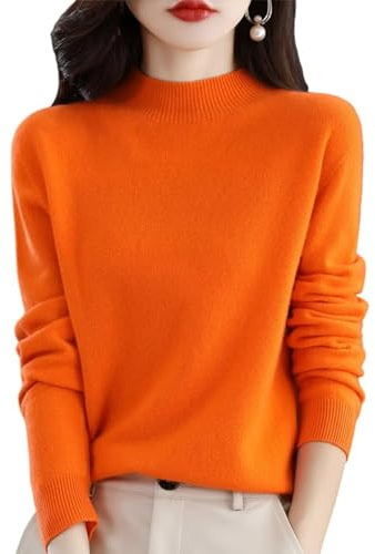 CUSON Kashmirtröjor för kvinnor, 100 % kashmir långärmad, rund hals, mjuk varm pullover, stickade tröjor (orange, storlek M), Orange
