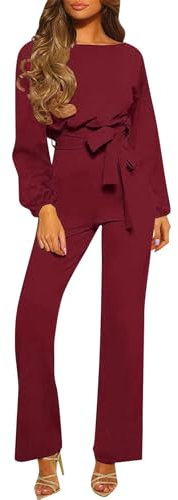 RMBLYfeiye Ärmelloser Jumpsuit Damen Jumpsuits Fã¼R Fleece Boot-Ausschnitt Einfarbiges Festlich Hosenanzug Langarm Straight Leg Mit Gürtel Overall