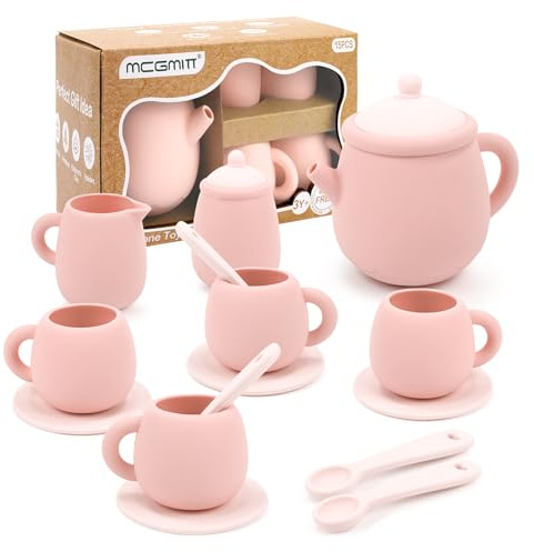 MCGMITT Silicone Tea Party Set, Toy Tea Set for Toddlers Kids, Includes Teapot, 4 Tea Cup and Coasters, Creamer, Sugar Bowl, 4 Spoon, Dishwasher Safe Pretend Teapot Set for Girls Boys Birthday Gifts
