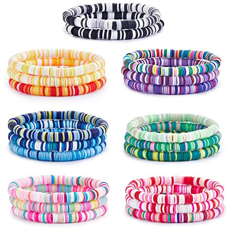 LEGENTLISUR 20 Pièces Ensemble De Ensemble De Bracelets En Argile Cadeau De Bracelet En Argile Bracelet Extensible Surfeur Ensemble De Perles Heishi Pour Femme（Couleurs mélangées）