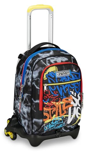 SEVEN Trolley école Jack 3 roues, noir jaune, Mark On Boy, 3 en 1, triple usage, sac à dos avec chariot détachable, poche porte-bouteille et système multisegment, sac à dos scolaire voyage, enfant